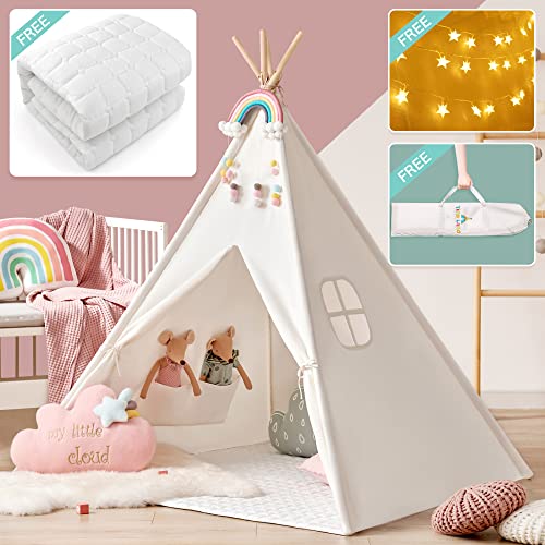 Tiny Land Tipi Infantil Tipi Tienda Tipi Indio para Niños con colchoneta Acolchada & Luces & Estuche de Transporte- Tienda Campaña Portátil Tienda Casa de Juegos para Interiores para Niños Niñas