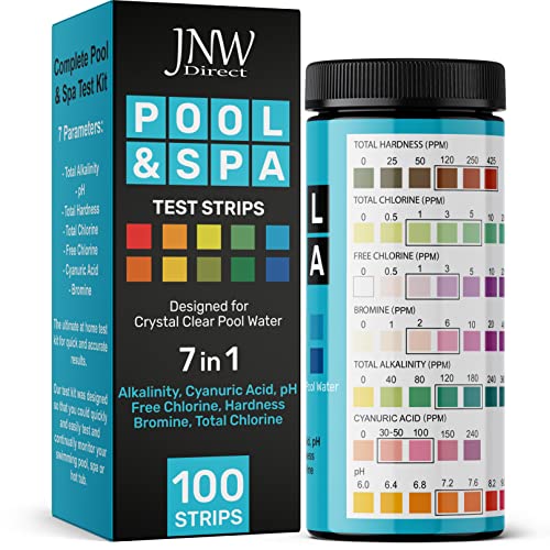 Tiras pH rápidas y precisas para agua de piscina y spa - Kit analizador de cloro y pH 7 en 1 - 100 tiras test cloro, bromo, pH y dureza - con eBook y aplicación móvil - JNW Direct
