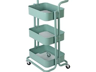 TLV TLV-FH-TR001 Carro Multiuso Auxiliar 3 Niveles con Ruedas Almacenamiento Cocina Oficina Baño, Verde Esmeralda, 85 x 36 x 43 cm