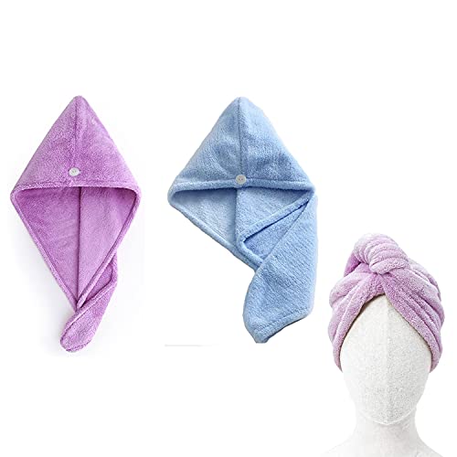 Toalla de turbante para el cabello,2 Pelo Gorro de Cabeza de Secar Rápido para Mujeres .Ultra absorbente Toallas para Secar Pelo con Botón,para secar el cabello rizado, largo y grueso （Morado + azul)