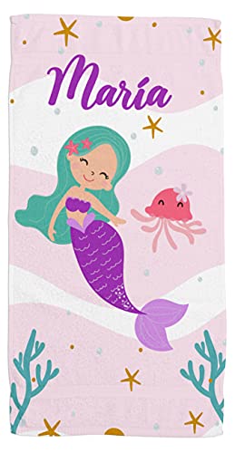 Toallas de Playa o Ducha Personalizadas con Nombre o Frases. Toallas Infantiles para niño y niña (Unisex). Regalo Infantil Original para baño, Piscina, Playa, Camping. (Sirena 2)