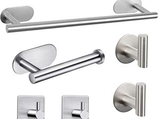 Toallero Baño, XINGLO 6 Piezas Juego de Accesorios de Baño ,40cm Toallero Barra Sin Taladro+ Portarrollos para Papel Higiénico +4 Gancho Adhesivo para Pared,304 Acero Inoxidable/Acabado Cepillado