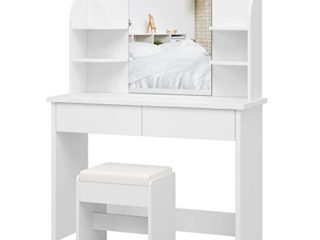 Tocador con Espejo, Mesa Tocador, Tocador de Maquillaje Moderno, para Dormitorio, con Taburete, 2 Cajones, 4 Estantes, Blanco, 107x40x142cm