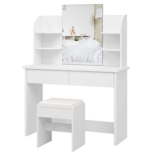 Tocador con Espejo, Mesa Tocador, Tocador de Maquillaje Moderno, para Dormitorio, con Taburete, 2 Cajones, 4 Estantes, Blanco, 107x40x142cm