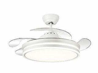 TODOLAMPARA - Ventilador de techo con luz LED 36W motor DC modelo BAYOMO Blanco, 3 tonalidades, aspas retráctiles, 6 velocidades, control remoto, memoria, temporizador, silencioso y bajo consumo