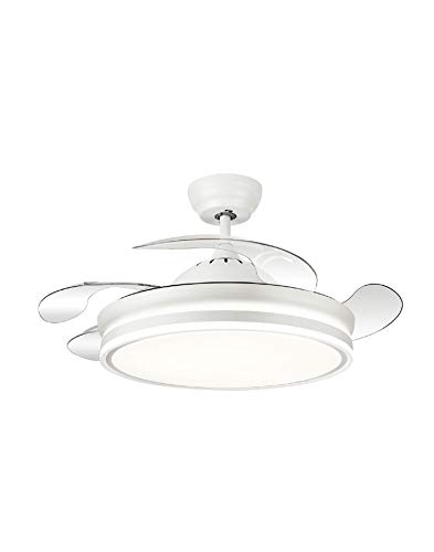 TODOLAMPARA - Ventilador de techo con luz LED 36W motor DC modelo BAYOMO Blanco, 3 tonalidades, aspas retráctiles, 6 velocidades, control remoto, memoria, temporizador, silencioso y bajo consumo