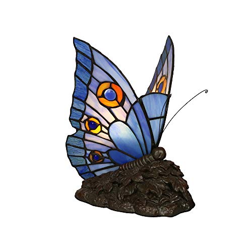 Tokira Lámpara de Mesa de Mariposa Azul Estilo Tiffany Hecha a Mano, Vidrieras Luz de Noche Creativa Europea, Cómoda Lámpara de Mesa Decorativa