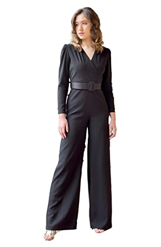 TONALA | Mono Mujer Fiesta Coctel Boda Evento Cinturón Liso Chic Manga Larga | Mono Elegante de Crepe con Escote Cruzado en V (Negro, XL)