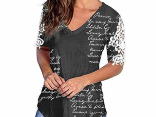 Top Suelto Informal de Manga Corta con Cuello Redondo y Manga Corta con Encaje y Botones a la Moda para Mujer Top de Manga Corta con Estampado inglés