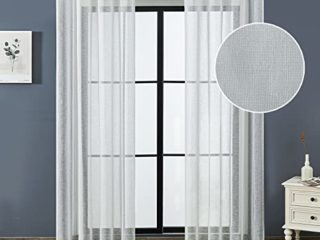 Topfinel Visillo Cortina Dormitorio Translucida Habitacion Salon Visillo Lino Vertical para Ventanas Cocina Sala de Estar con Ojales 2 Piezas 300x260cm Blanco