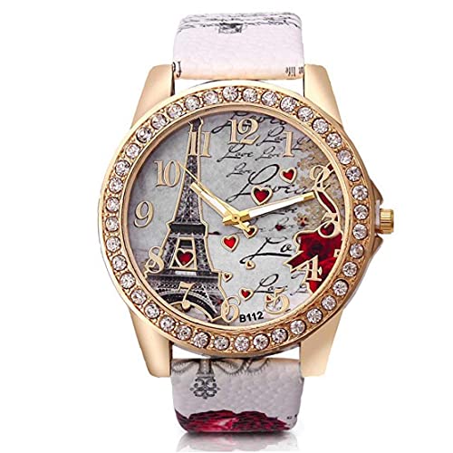 TOPofly Reloj de Las Mujeres, analógica Reloj de Cuarzo Movimiento con patrón de Cuero Brazalete Torre Eiffel Dial Reloj de Pulsera (Blanco, batería incluida) Inicio de la Herramienta de Belleza