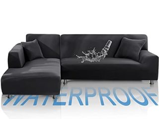 TOPOWN Funda para sofá Chaise Longue Impermeable, Funda para Sofa en Forma L, Funda Chaise Longue Derecho/Izquierdo de 3 Asientos + 3 Asientos, con 2 Fundas de cojín, Gris Oscuro…
