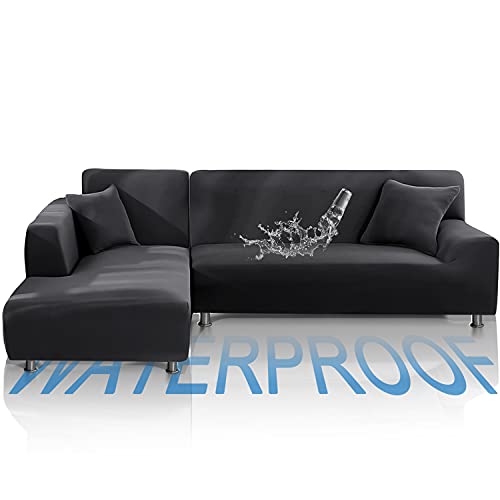 TOPOWN Funda para sofá Chaise Longue Impermeable, Funda para Sofa en Forma L, Funda Chaise Longue Derecho/Izquierdo de 3 Asientos + 3 Asientos, con 2 Fundas de cojín, Gris Oscuro…