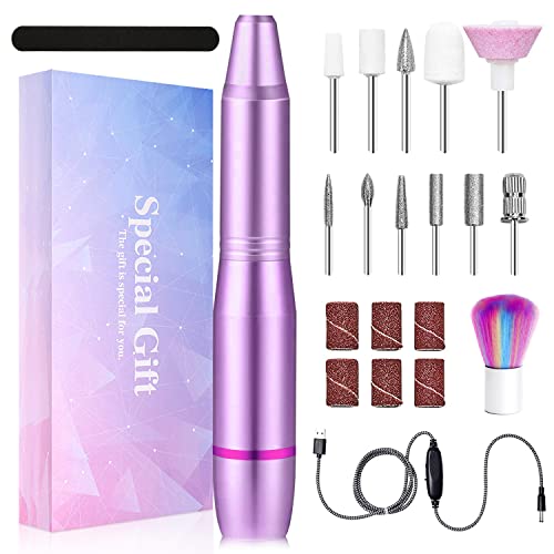 Torno para Uñas, Lima de Uñas Profesionales con Set de 11 Tipos de Brocas de Pulido Pedicura, Lima Electrica Uñas de Vlocidad Ajustable para Manicura Pedicura(púrpura)
