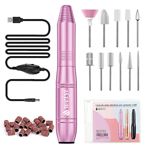 Torno para Uñas,WEIYI Lima Eléctrica Uñas USB con Set de 11 Tipos de Brocas de Uñas,Kit de Manicura y Pedicura Eléctrico Profesional para Salón DIY, 20,000 RPM Velocidad Ajustable(Rosa)