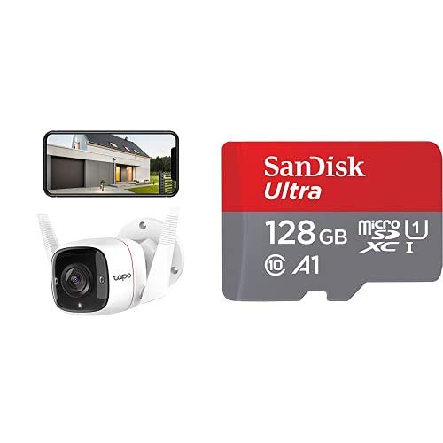TP-Link Cámara de Vigilancia WiFi Exterior/Interior, Audio Bidireccional, Visión Nocturna, Detección de Movimiento + SanDisk Tarjeta de Memoria microSDXC, Adaptador SD, 120 MB/s, 128 GB, Rojo/Gris