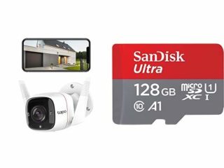 TP-Link Cámara de Vigilancia WiFi Exterior/Interior, Audio Bidireccional, Visión Nocturna, Detección de Movimiento + SanDisk Tarjeta de Memoria microSDXC, Adaptador SD, 120 MB/s, 128 GB, Rojo/Gris