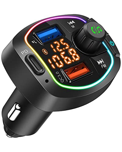 Transmisor FM Bluetooth para Coche, Reproductor MP3 para Mechero de Coche con Dos Puertos USB (Carga Rápida QC 3.0 18W, Pen Drive) Tipo C PD 18W, Ranura para Tarjeta TF, Voltaje de la Batería