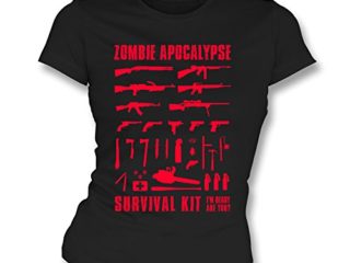 TshirtGrill El Medio de la Camiseta del Ajustado de Kit Girl de la Supervivencia de la apocalipsis del Zombi, colorea Negro