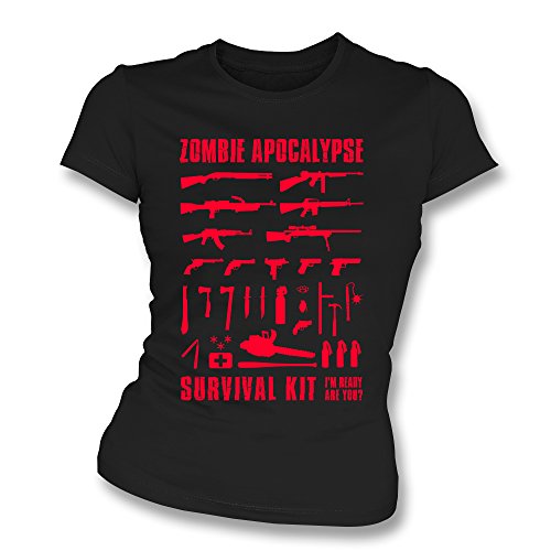 TshirtGrill El Medio de la Camiseta del Ajustado de Kit Girl de la Supervivencia de la apocalipsis del Zombi, colorea Negro