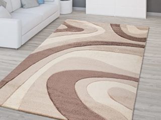 T&T Design Alfombra Diseño Moderna Pelo Corto Mallorca Motivo Ondas En Beige Crema Marrón, Größe:200x290 cm