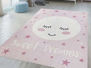 TT Home Alfombra Habitación Infantil Niña Lavable Luna Dormida Frase Bonita Rosa Blanco, Tamaño:80x150 cm