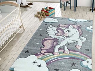 TT Home Alfombra Infantil De Juego Moderna Diseño De Estrellas Unicornio Y Nubes En Gris, Tamaño:80x150 cm