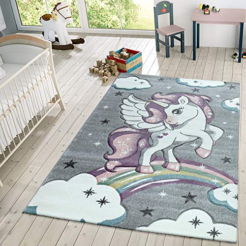 TT Home Alfombra Infantil De Juego Moderna Diseño De Estrellas Unicornio Y Nubes En Gris, Tamaño:80x150 cm