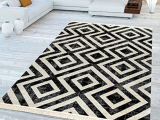 TT Home Alfombra Negro Blanco Balcón Terraza Exterior Diseño Escandinavo Rombos Robusta, Tamaño:120x170 cm