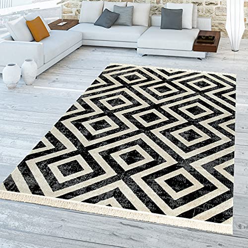 TT Home Alfombra Negro Blanco Balcón Terraza Exterior Diseño Escandinavo Rombos Robusta, Tamaño:120x170 cm