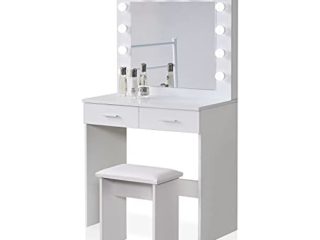 TUKAILAI - Tocador con Espejo y Bombillas, luces LED ajustables, espejo, 2 cajones grandes y taburete, mesa de maquillaje para dormitorio blanco