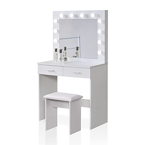 TUKAILAI - Tocador con Espejo y Bombillas, luces LED ajustables, espejo, 2 cajones grandes y taburete, mesa de maquillaje para dormitorio blanco