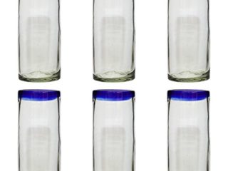 Tumia LAC Vaso Alto Artesanal – Vidrio Reciclado – Borde Azul - Juego de 6