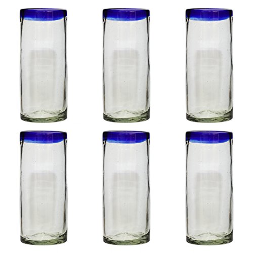 Tumia LAC Vaso Alto Artesanal – Vidrio Reciclado – Borde Azul - Juego de 6