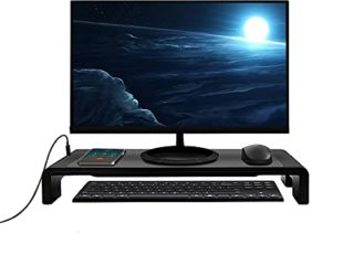 Tuo3eu Soporte de Monitor Plegable, Elevador Pantalla Longitud Ajustable con 4 Puertos USB soporta Transferencia de Datos y Carga para PC, Portatil Ordenador, TV, Negro