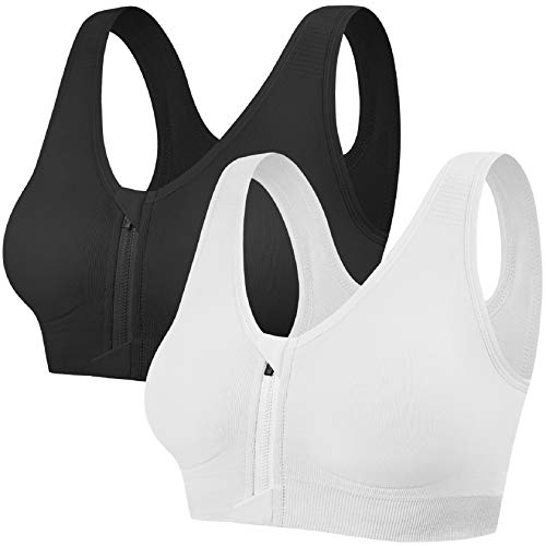 Tuopuda Sujetador Deportivo con Cremallera para Mujer De Entrenamiento De Alto Impacto Mujer Cierre Delantero Sujetador Deportivo Post Operatorio con Soporte de Espalda (L, Negro + Blanco)