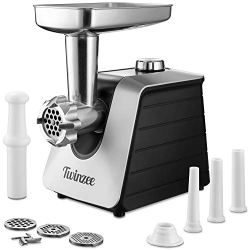 Twinzee Picadora de Carne Eléctrica 1500W (Negro) - para Carne y Salchichas - Robot Cocina, Picador de Carne con 3 Placas de Corte y 3 Boquillas para Salchichas - Picadora Profesional