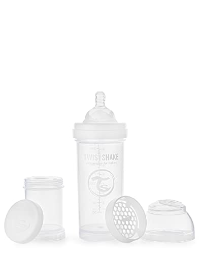 Twistshake Biberón Anti-cólicos con Tetina Flujo Medio de Silicona para Bebés, la Alimentación Biberón Con Tetina Similar al Pecho, Botella para Beber de Leche, 260 ml, Sin BPA, 2+ Meses, Blanco