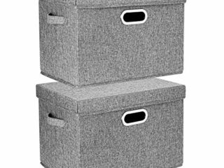 TYEERS 2 Paquetes Caja de Almacenamiento con Tapa y Asa, Cestas de Almacenaje Plegables de Ropa de Algodón Lino, Organizadores de Almacenamiento de Juguetes, Estantes, Ropa y Libros, etc. - Gris