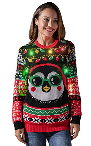 U LOOK UGLY TODAY Jersey de punto para mujer, divertido y divertido con luces LED, para Navidad, Glow Cool Penguin, L