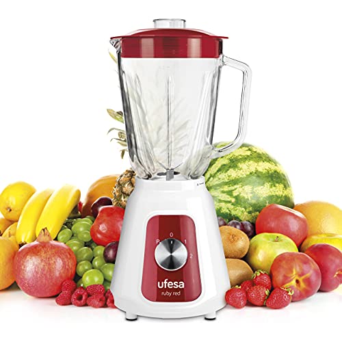 Ufesa BS4717 Ruby Red Batidora de Vaso, 1500 W, Jarra de Cristal de 1.5L, 2 Velocidades + Pulse, Cierre Hermético, Pica hielo, 4 Cuchillas de Acero Inoxidable, Libre de BPA, Blanco/Rojo