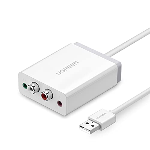 UGREEN Tarjeta de Sonido USB, Adaptador de Tarjeta de Sonido Externa con 2 RCA y 3.5mm Jack, DAC Convertidor Audio Compatible con Equipo Hi-Fi, Auriculares, Micrófono, PS4, Raspberry Pi, Altavoces