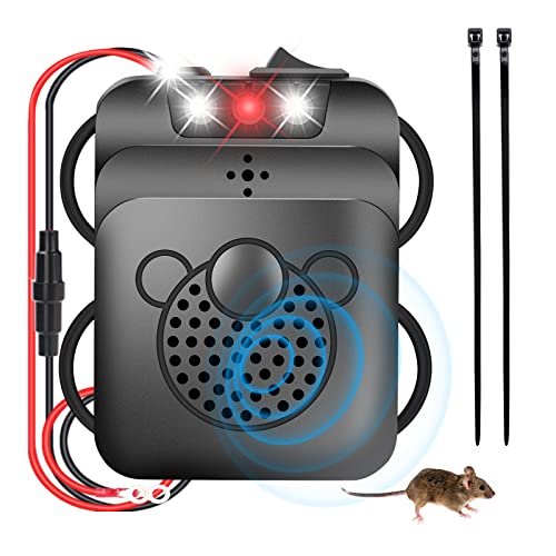 Ultrasónico Repelente de Roedores del Ratón Pest Ahuyentador para Coche, Guiseapue Ahuyentador de Martas con Luz LED Intermitente, Función de Luz LED Conexión a Batería de Coche de 12 V