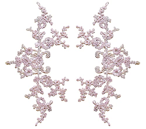 Un par de apliques de encaje de tul floral coser en encaje bordado flor motivo parche para coser (rosa bebé)