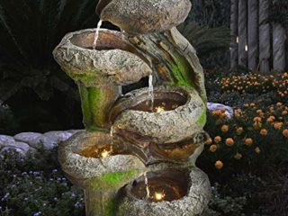 Unbekannt Fuente DE JARDÍN Y Fuente DE Agua Tronco DE ARBOL & Cuencos DE Piedra con luz LED Fuente para terraza, Balcon, Interiores