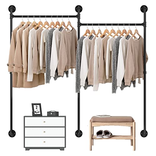 UNHO Estante industrial de la ropa del pipa de la ropa, barra de ropa montada en la pared de 80.75 pulgadas de largo estante de la ropa para la ropa en la tienda minorista casera