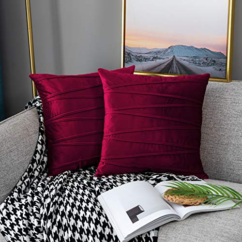 UPOPO Cojines Raya Sofa Terciopelo Funda Decorativos Cojin Salon Cama para Super Dormitorio 2 Piezas de Color Sólido De Cojín Suave Almohada Sala De Estar con Cremalleras 40 X 40 cm Vino Rojo
