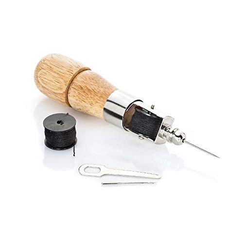 UPP máquina de coser portatil manual I Punzón para Coser Cuero, Kit Costura profesional, set reparador de ropa I Herramienta punch needle, aguja de Costura a Mano (Madera y Hierro, 16cm, Ø 3.5cm)