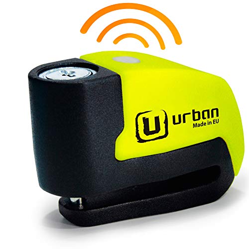 URBAN UR6 Alarma Moto Candado Bicicleta Antirrobo Patinete Electrico Pinza Sooter Bloqueo Disco Freno, Aviso Warning, Botón LED, 120dB, Eje 6 mm, Bloqueo Motocicleta Bici