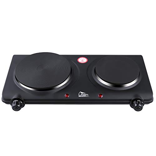 Uten Placas de Doble Quemador Portátil con 2 Fuegos, Uno Para Calentar y Otro Para Conservar el Calor,Regulable de Temperatura,1900w-2250W 120v-240v,Ideal para Uso En Casa o Camping,Negr